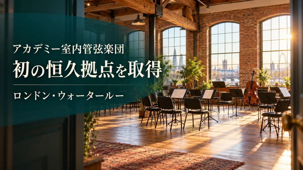 明るい練習室のイメージと「アカデミー室内管弦楽団 初の恒久拠点を取得」の文字
