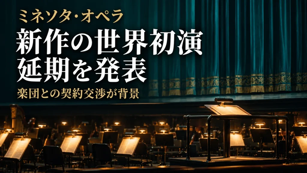 閉じた幕と無人のオーケストラピットを背景に「ミネソタ・オペラ 新作の世界初演 延期を発表 楽団との契約交渉が背景」と記した画像。
