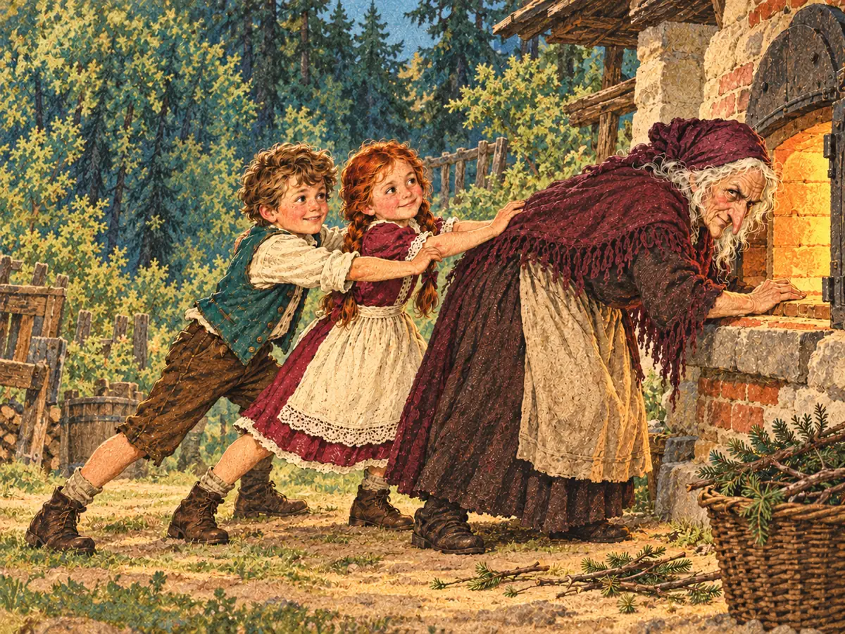 かまどをのぞく魔女の背後から、兄妹が二人で押す場面